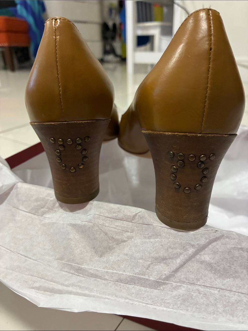 Salvatore Ferragamo Cognac Leather Studded Block Heel Pumps